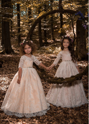 Elbow Sleeves Ivory Lace Long Flower Girl Dress With Beaded Sash